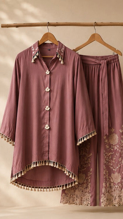 Mauve pajama set with floral embroidery on a beige background